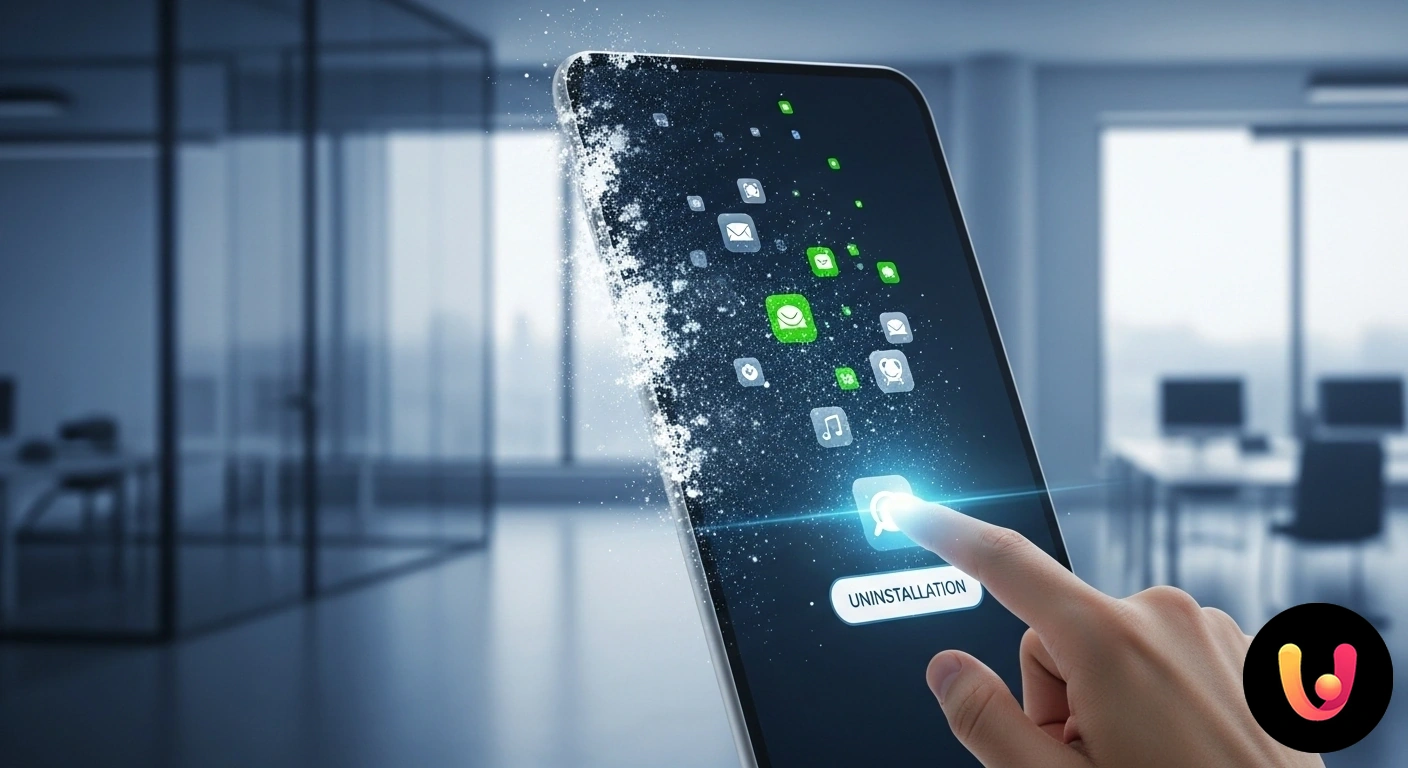 Disinstallare App Correttamente: Guida alla Rimozione Sicura Icona di un'applicazione trascinata verso il simbolo di un cestino sullo schermo di uno smartphone durante il processo di rim