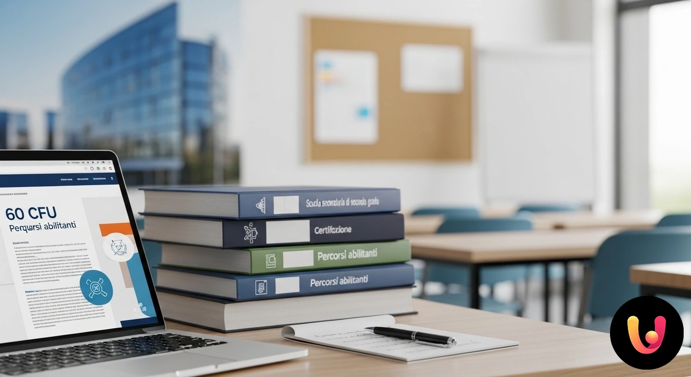 Percorsi Abilitanti 60 CFU: Guida completa per futuri insegnanti Studente in un'aula universitaria di fronte a una lavagna con schemi sul percorso per diventare docente di scuola secondaria.