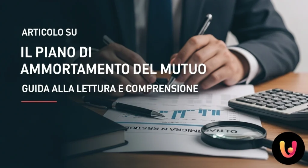 Documento em papel de um plano de amortização ao lado de uma calculadora e uma caneta numa secretária.