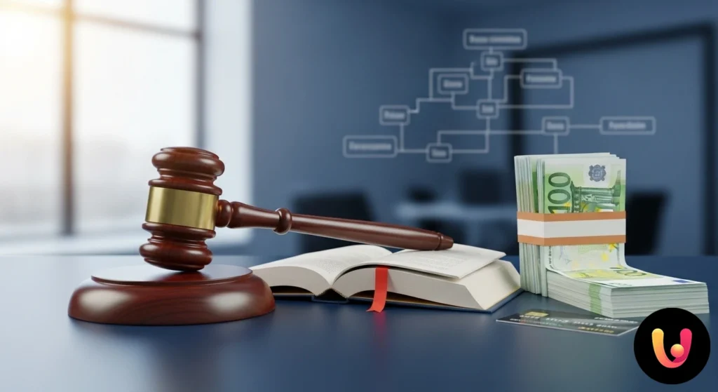 Arbitro Bancario Finanziario: Streitigkeiten ohne Gericht beilegen Richterhammer als Symbol einer rechtlichen Entscheidung, der auf Dokumenten zu einem Streit zwischen Bank und Kunde liegt.