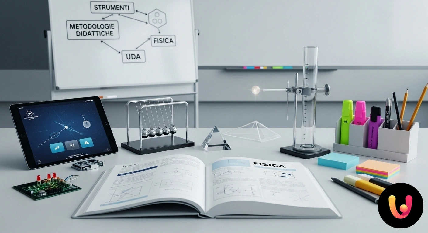 Strumenti e metodologie innovative per la didattica della fisica Insegnante di fisica illustra un esperimento su una lavagna digitale interattiva a un gruppo di studenti in un laboratorio mo