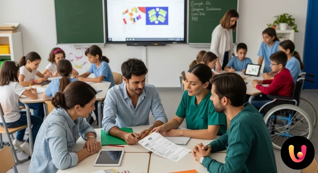 Insegnante facilita un'attività didattica di gruppo con bambini diversi in un'aula della scuola primaria.