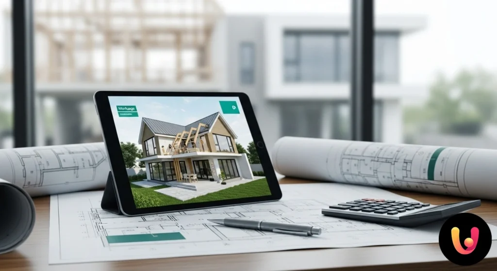 Architetto che illustra su un tavolo il progetto di ampliamento di una casa a una coppia di clienti.