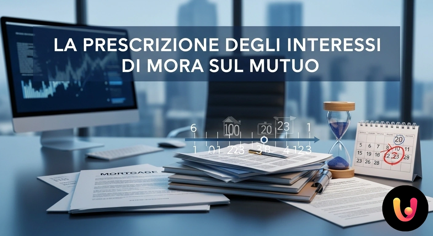 Prescrizione Interessi di Mora Mutuo: Guida Completa Clessidra che segna il passare del tempo posta accanto a un contratto di mutuo e a una calcolatrice.