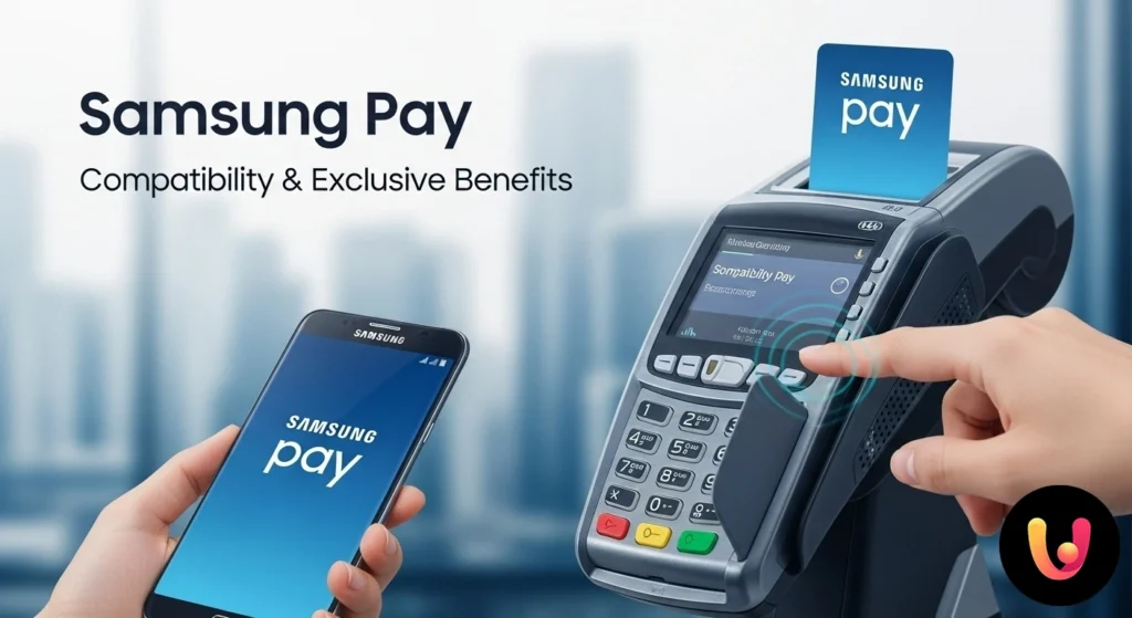 Samsung Pay Pago contactless realizado acercando un smartphone Samsung a un terminal TPV para completar una transacción.