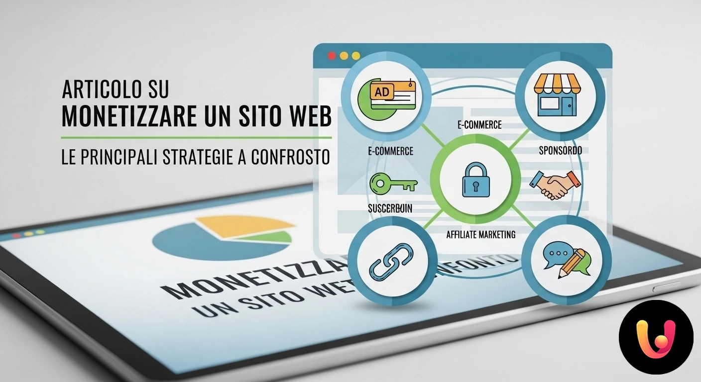 Monetizzare un sito web: guida alle principali strategie a confronto. Grafico concettuale che confronta diverse strategie di monetizzazione web: icone per pubblicità, e-commerce e affiliazioni.