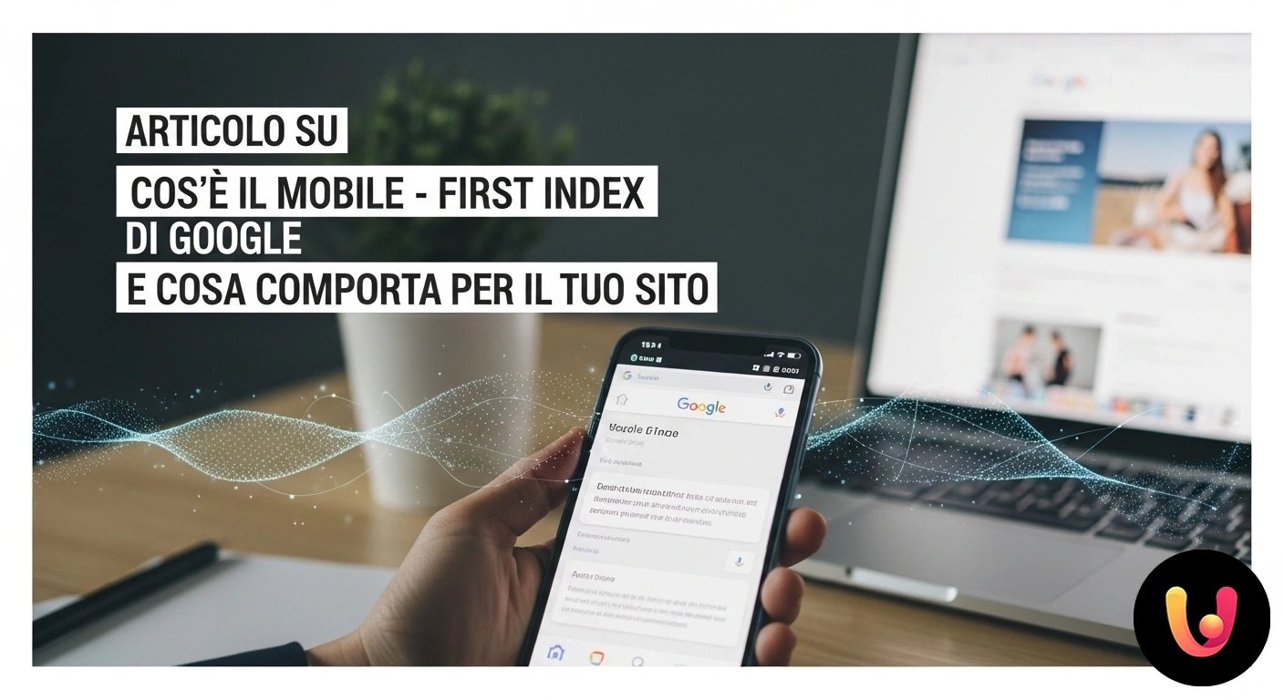 Google Mobile-First Index: Prepara il Tuo Sito al Futuro della SEO Illustrazione del concetto di mobile-first index con uno smartphone in primo piano che mostra un sito web e una lente di anal