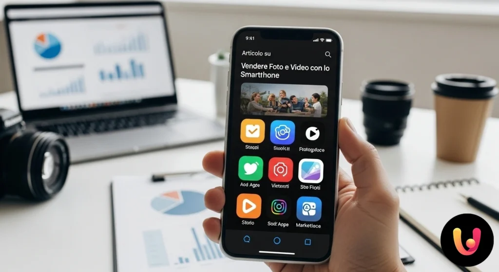 Vender fotos y vídeos: las apps para ganar dinero Smartphone que muestra una galería de fotos e iconos de apps para la venta de contenido visual.