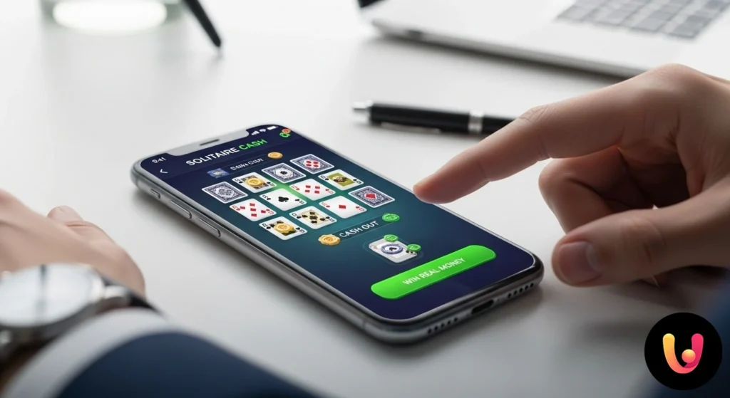 Pantalla de la app Solitaire Cash en un smartphone que muestra una partida de solitario en curso con iconos relativos a premios en metálico.