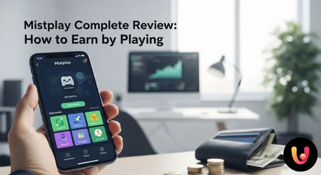 Captură de ecran a aplicației Mistplay pe un smartphone, care arată o selecție de jocuri și soldul de puncte al utilizatorului.