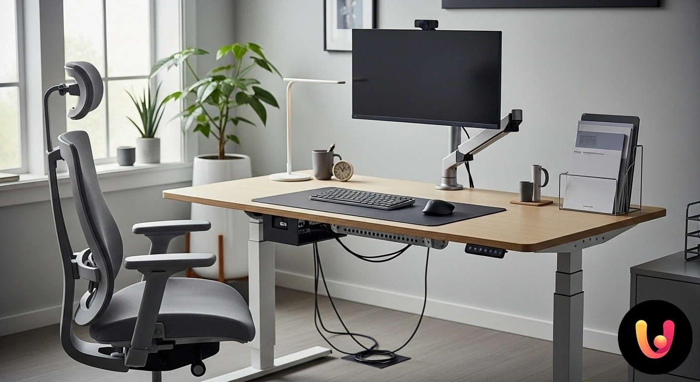 Crea la tua postazione di lavoro ergonomica e produttiva a casa. Persona seduta con postura corretta a una scrivania, utilizzando sedia ergonomica e monitor posizionato all'altezza degli occ