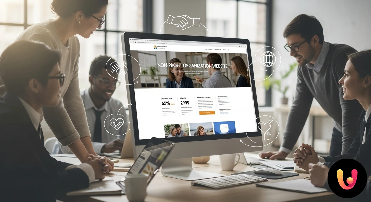 Sito web per no-profit: la guida essenziale per la tua organizzazione. Schema della homepage di un sito web per no-profit, con blocchi per missione, donazioni e volontariato.