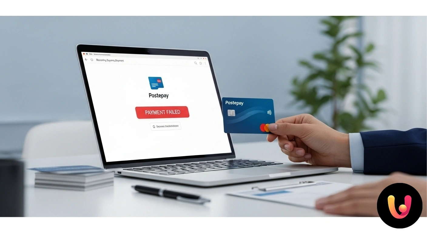 Pagamento ricorrente Postepay fallito? Scopri come risolvere il problema Notifica di errore per un pagamento non andato a buon fine mostrata sullo schermo di un dispositivo, con una carta postepay i