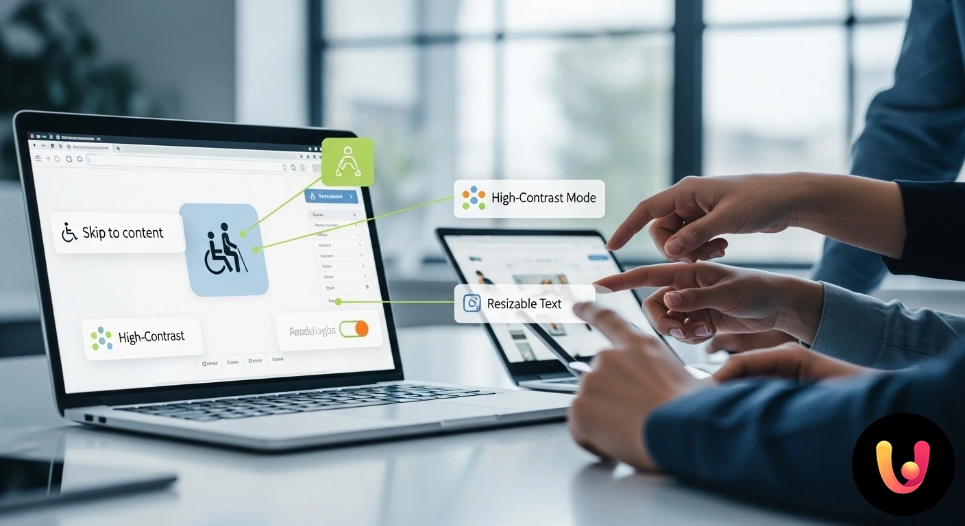 Sito web accessibile: la guida per un design senza barriere. Interfaccia web al centro, connessa a icone che rappresentano diverse disabilità: visive, uditive, motorie e cognitive.