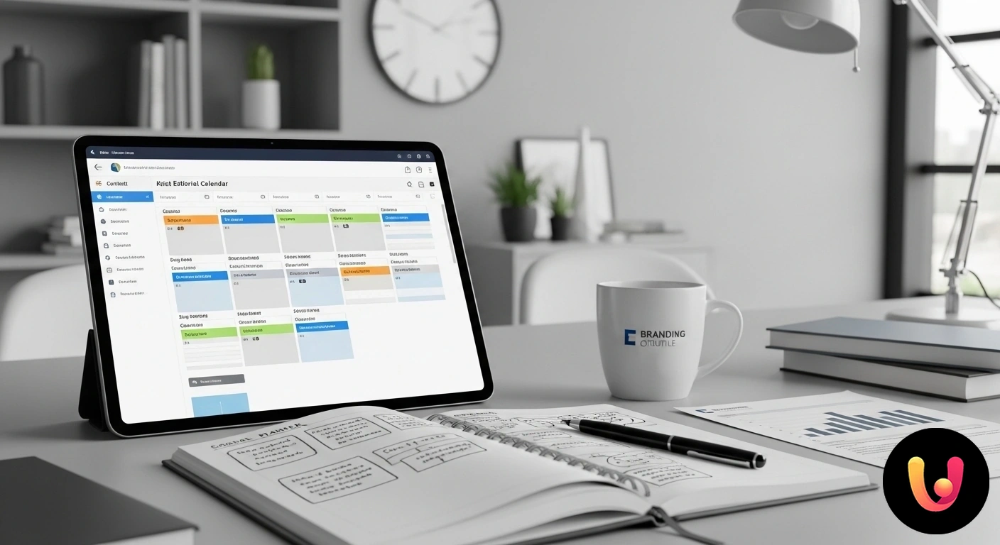 Pianifica i tuoi contenuti con un calendario editoriale efficace. Persona che organizza idee di contenuto su note adesive disposte su un calendario da tavolo, affiancato da un computer portat