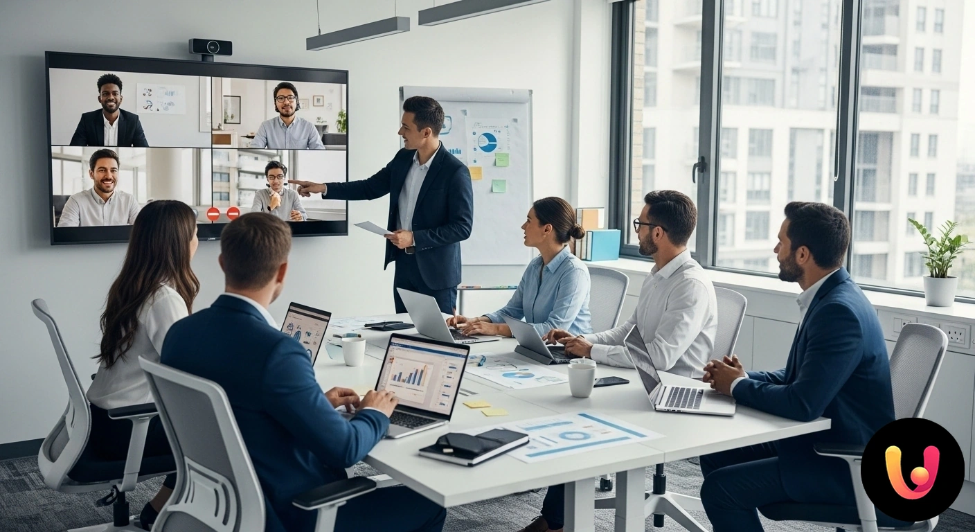 Team Ibridi: Strategie Efficaci per la Collaborazione a Distanza Gruppo di professionisti in una sala riunioni che collabora con colleghi collegati da remoto tramite uno schermo per videocon