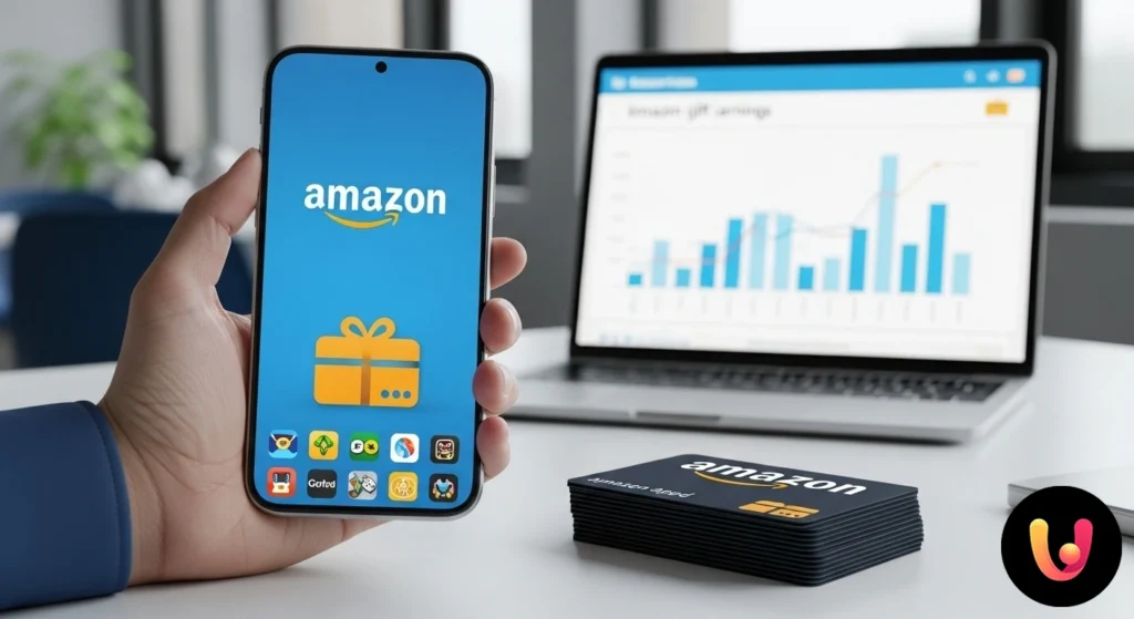 Smartphone, das den Bildschirm einer Gaming-App anzeigt, neben einer Amazon-Geschenkkarte auf einem Schreibtisch platziert.