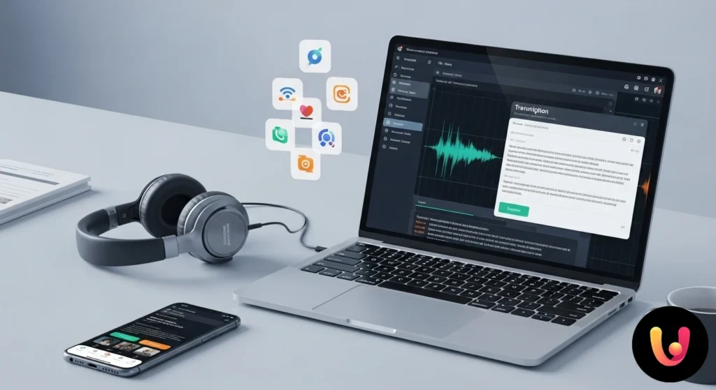 Gagner de l’argent en transcrivant : les meilleures applications et plateformes 2025 Persona con cuffie che trascrive un file audio su un computer portatile, visualizzando l'onda sonora e il testo digitato.