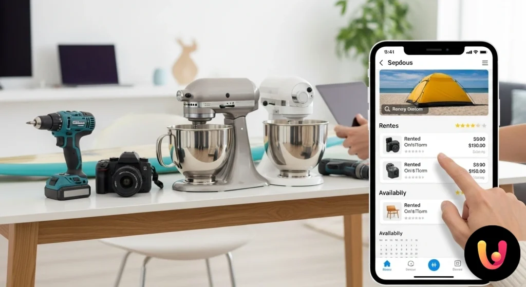M&acirc;na unei persoane care &icirc;ntinde un obiect, cum ar fi o mașină de găurit, altei persoane, simboliz&acirc;nd &icirc;nchirierea facilitată de o aplicație.