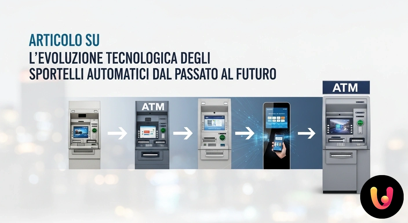 Sportelli automatici: un viaggio nell'evoluzione tecnologica, dal passato al futuro. Sequenza di sportelli automatici che mostra la trasformazione da un modello obsoleto a un terminale digitale futuristico.
