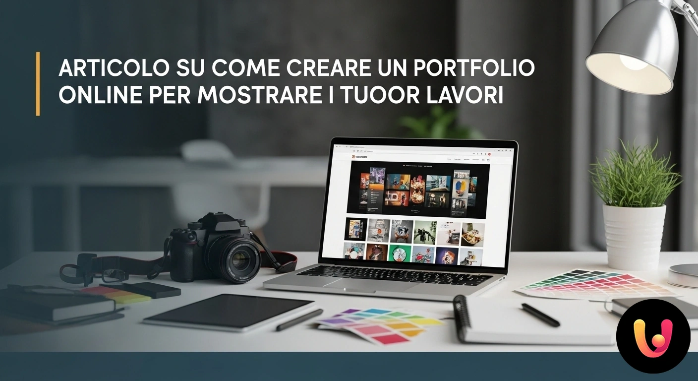 Guida alla Creazione di un Portfolio Online Efficace Professionista che progetta la griglia dei progetti del suo sito web portfolio su un laptop, selezionando immagini e testi.
