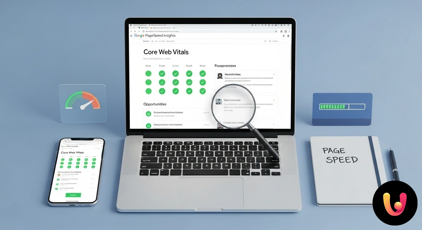 Guida al report di Page Speed Insights: leggere i dati per ottimizzare il sito. Dashboard del report di page speed insights che mostra i punteggi di performance, accessibilità, best practice e seo.