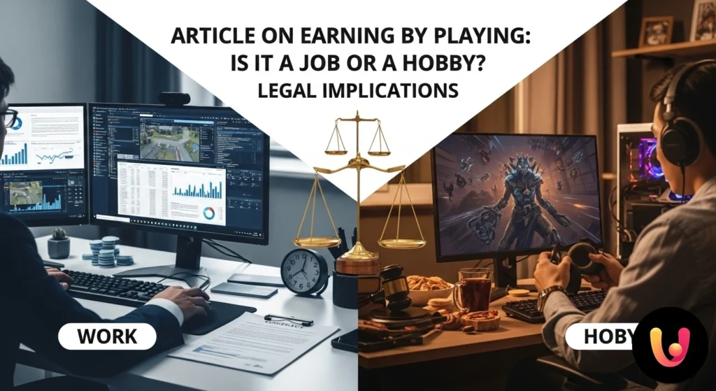 Ganhos com jogos: Trabalho ou Hobby? O que diz a lei Pessoa com um comando de jogo em frente a um computador, ao lado de um martelo de juiz e moedas para simbolizar a lei.