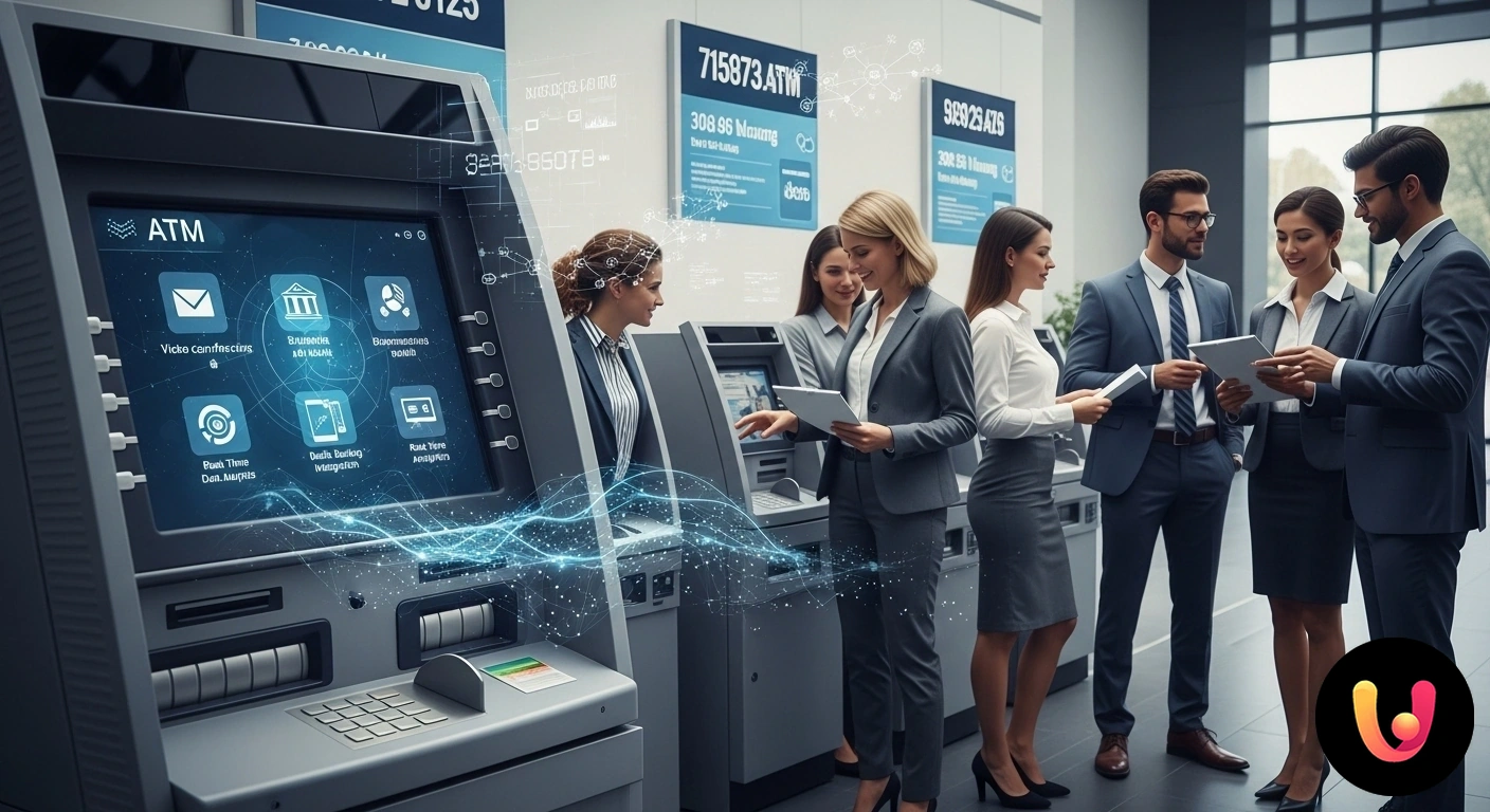 Smart ATM: il futuro dei servizi bancari a portata di mano. Utente che completa un'operazione bancaria senza carta su uno sportello atm intelligente tramite smartphone.