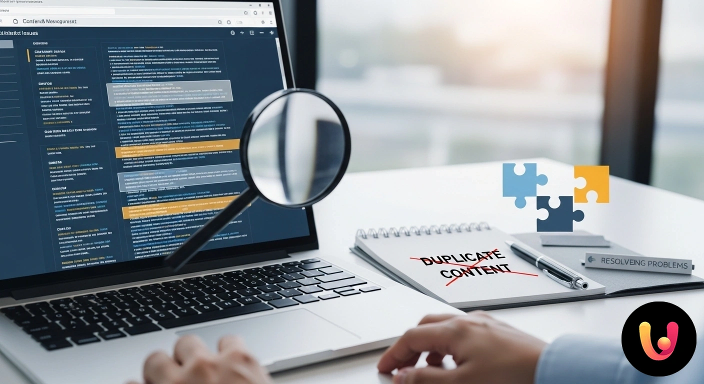 Evita penalizzazioni SEO: risolvi i problemi di contenuto duplicato. Rappresentazione grafica del concetto di contenuto duplicato con una pagina originale e le sue copie risolte tramite un tag c