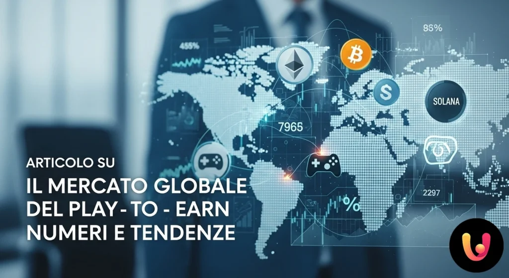 Interfaccia olografica con grafici di dati in crescita e icone di criptovalute relative al mercato dei videogiochi.