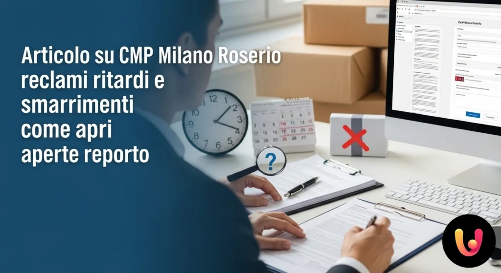 Operator poștal într-un depozit verifică un colet printre rafturi pline cu expedieri în așteptarea sortării.