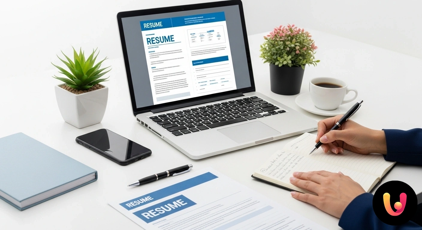 Come Scrivere un Curriculum Vitae Efficace per il 2025 Persona che perfeziona un curriculum vitae moderno e professionale su un laptop, con un'espressione concentrata.