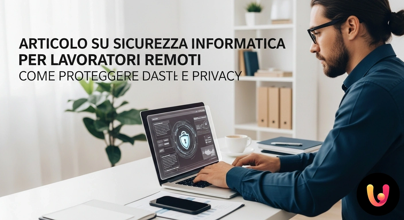 Sicurezza informatica nel lavoro da remoto: proteggi dati e privacy. Persona che lavora da casa su un laptop con un'icona a forma di lucchetto, a simbolo della sicurezza informatica.