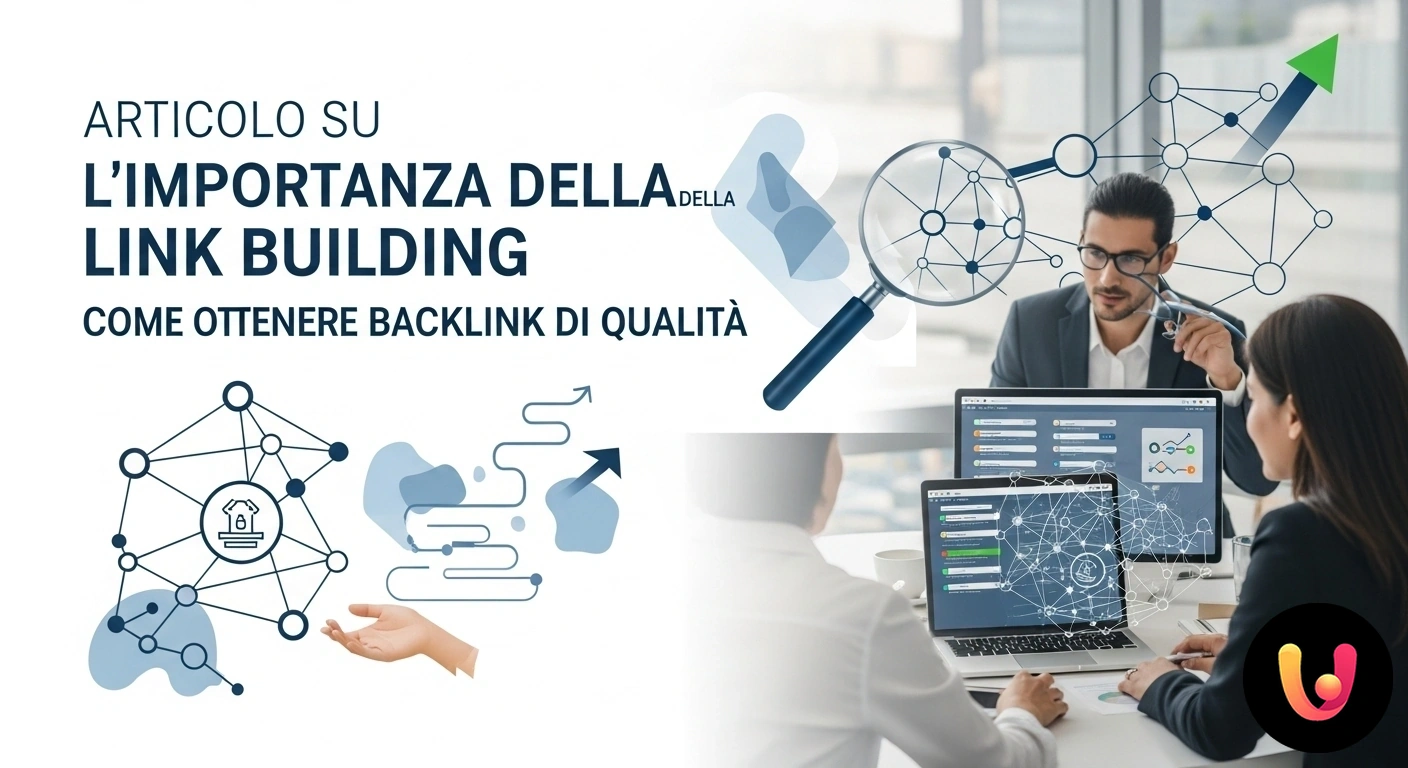 Guida alla Link Building: Aumenta l'autorità del tuo sito con backlink di qualità. Schema di backlink che da diversi siti web puntano verso una pagina centrale, illustrando il concetto di link building.