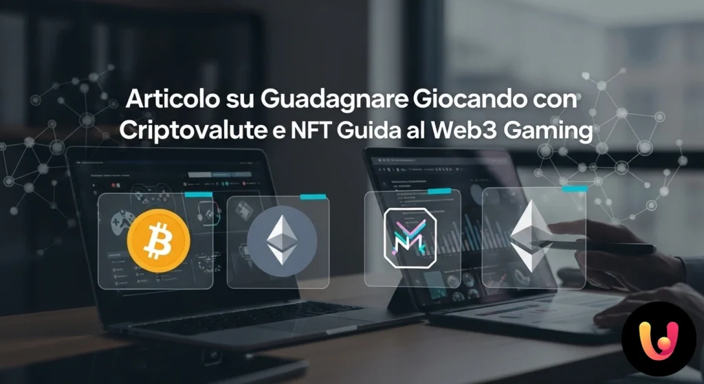 Guadagnare giocando: guida a Crypto, NFT e Web3 Gaming Interfaccia olografica che mostra l'interconnessione tra elementi di gioco, simboli di criptovalute e token nft.