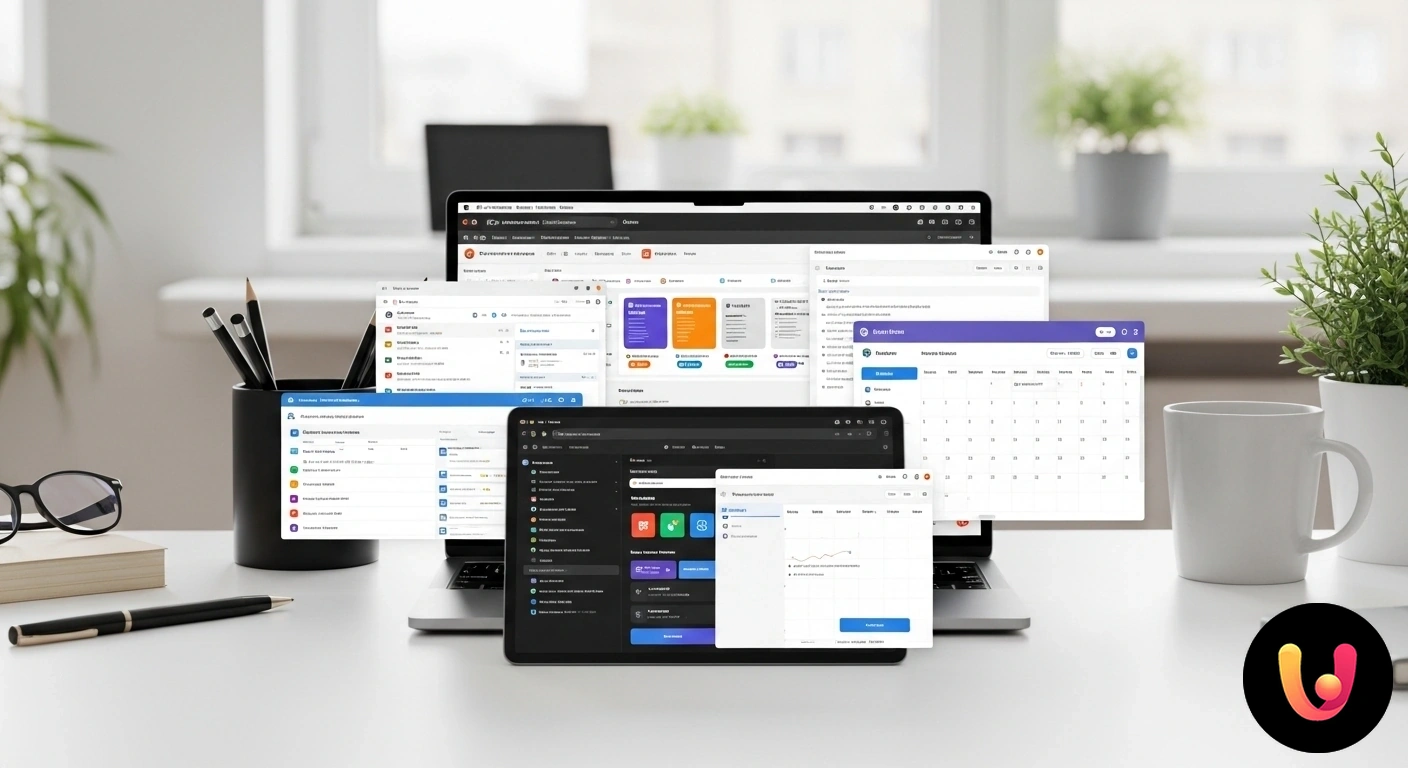 Migliori tool per la produttività personale in smart working Postazione di lavoro ordinata con laptop aperto e icone di software per la produttività, simbolo di smart working efficiente.