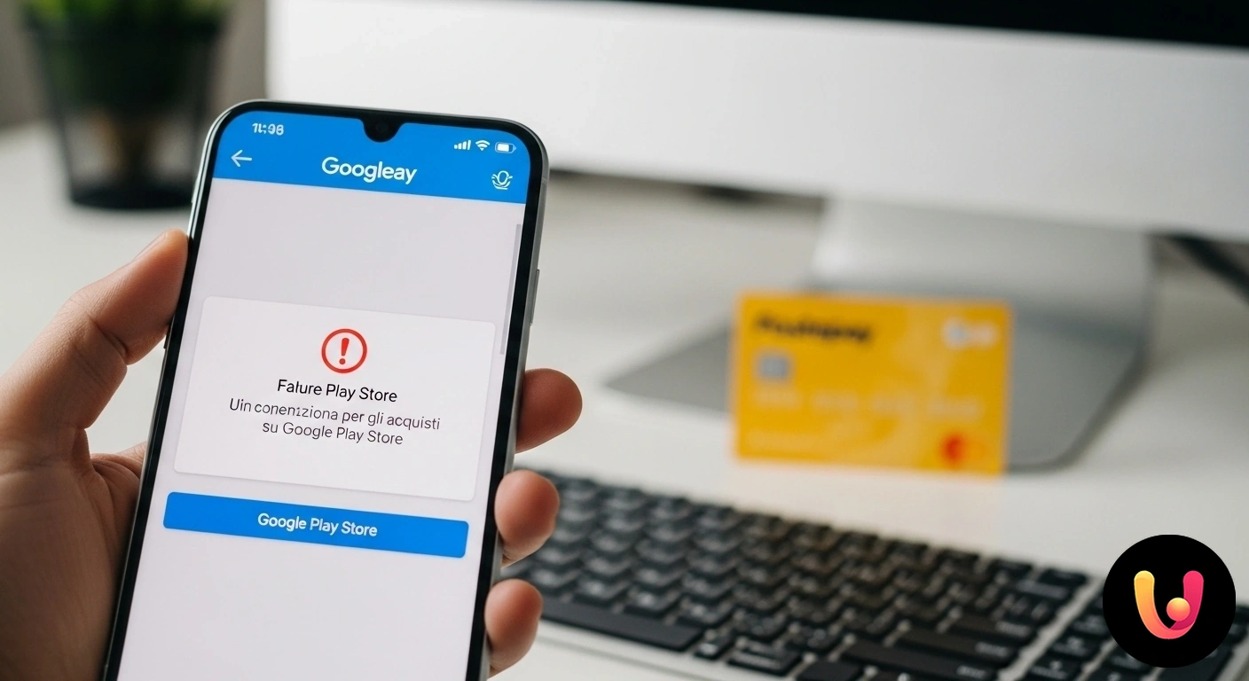 Errore Postepay su Google Play? Risolvi i problemi con gli acquisti online. Messaggio di errore durante il pagamento su google play store con una carta postepay visibile accanto allo smartphone.