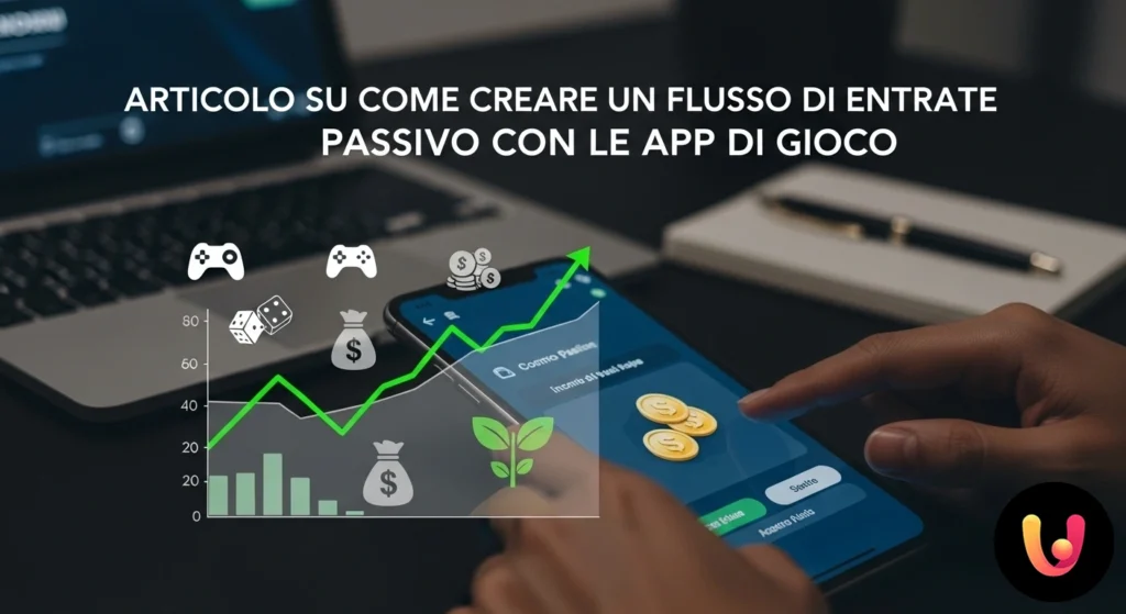Smartphone, das eine Gaming-App anzeigt, umgeben von Münz-Symbolen und einem wachsenden Finanzdiagramm.