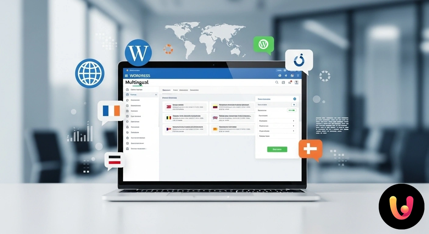 Guida Completa alla Gestione di un Sito WordPress Multilingua Mappa del mondo stilizzata con il logo di wordpress al centro, collegato a icone che rappresentano diverse lingue del mondo.