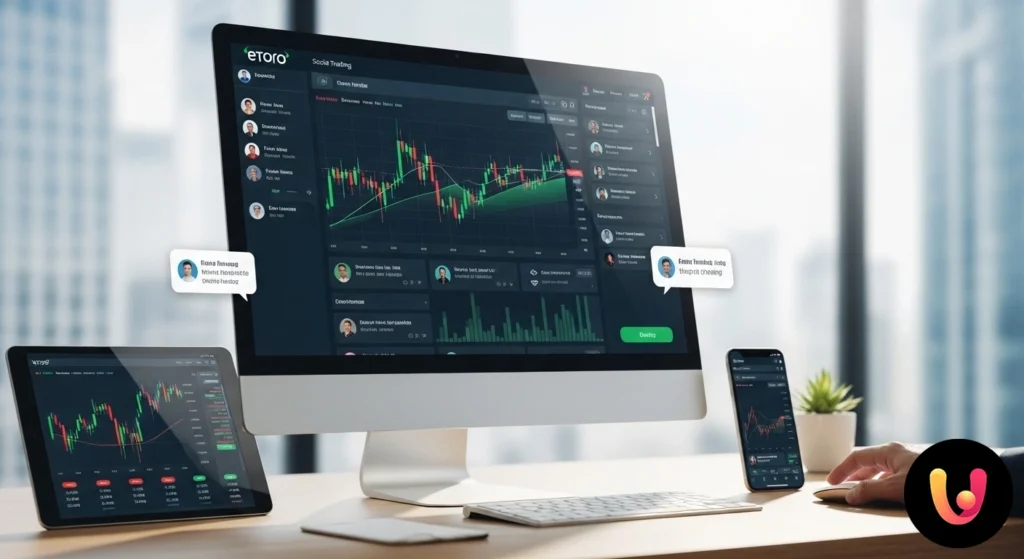 Interface de uma plataforma de social trading que mostra a cópia de um investidor e gráficos de desempenho financeiro.
