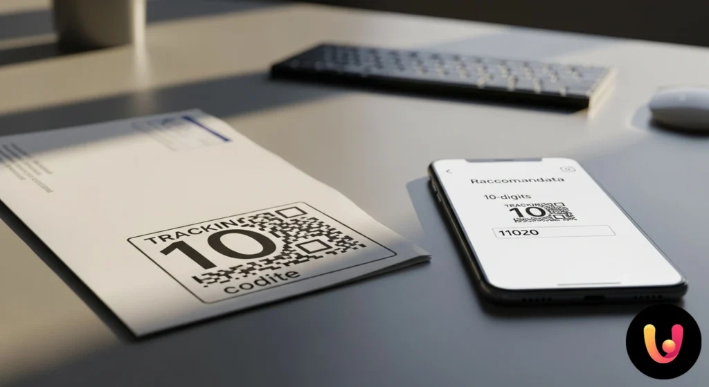 Mão a apontar para um código de dez dígitos num recibo de carta registada, com um computador portátil para localização online