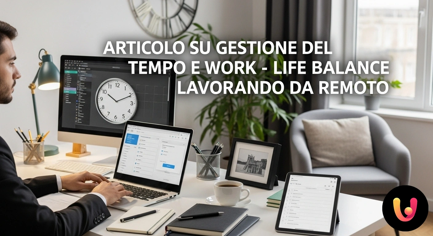 Gestione del tempo e work-life balance nel lavoro da remoto Persona che lavora al computer in un ufficio domestico ben organizzato, simbolo di un efficace equilibrio tra vita e lavoro.