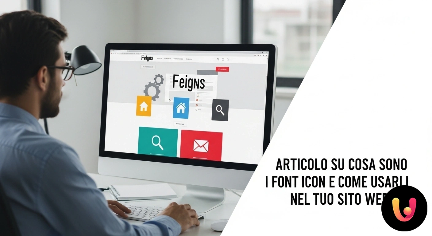 Scopri cosa sono i Font Icon e come usarli per il tuo sito web. Griglia di icone vettoriali monocromatiche, come utente e impostazioni, visualizzate su uno schermo di computer.