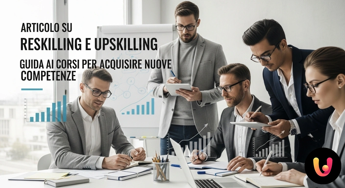 Articolo su Reskilling e Upskilling Guida ai Corsi - Guida completa elementi grafici correlati al tema trattato su sfondo professionale