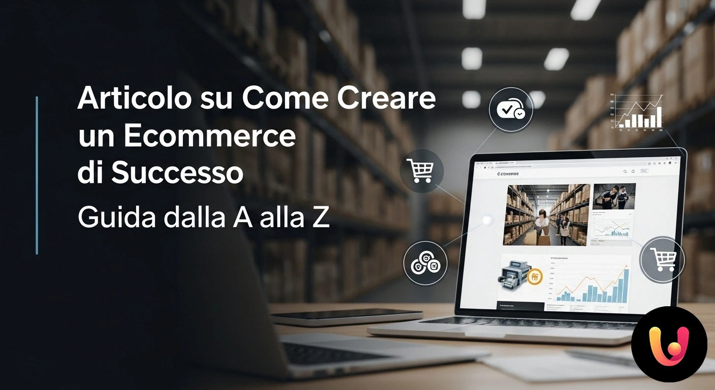 Guida completa per creare un ecommerce di successo da zero. Infografica che illustra le fasi di creazione di un ecommerce: ideazione, sviluppo, marketing e logistica.