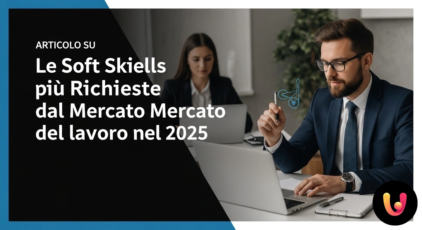 Le soft skills essenziali per il mercato del lavoro 2025. Icone stilizzate per comunicazione, problem-solving, leadership e creatività interconnesse tra loro.