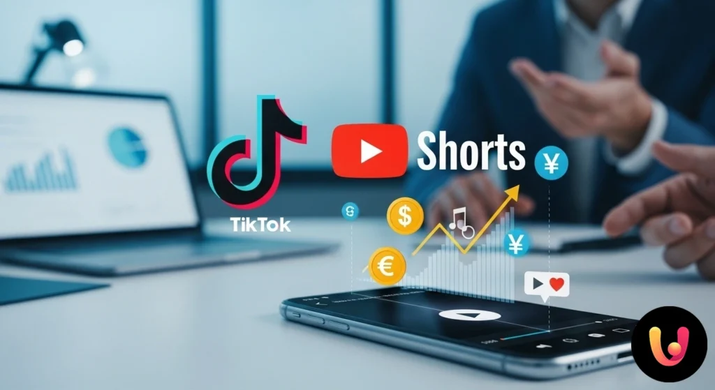 Monetizzare TikTok e Shorts: Guida ai Guadagni 2025 Loghi di tiktok e youtube shorts affiancati su uno schermo di smartphone, con icone di monete a simboleggiare la monetizzazio