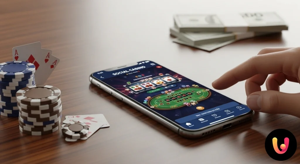 Smartphone showing the interface of a social casino app with icons of virtual coins and chips.