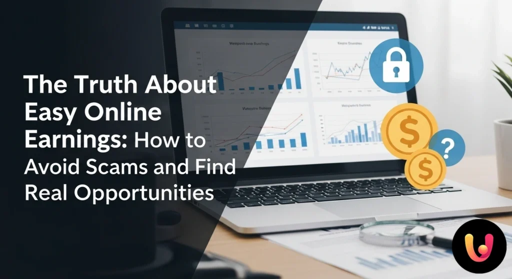 Gains en Ligne : La Vérité pour ne pas se Faire Arnaquer Persona davanti a un bivio digitale che valuta due percorsi: uno con segnali di pericolo e trappole, l'altro verso opportunit