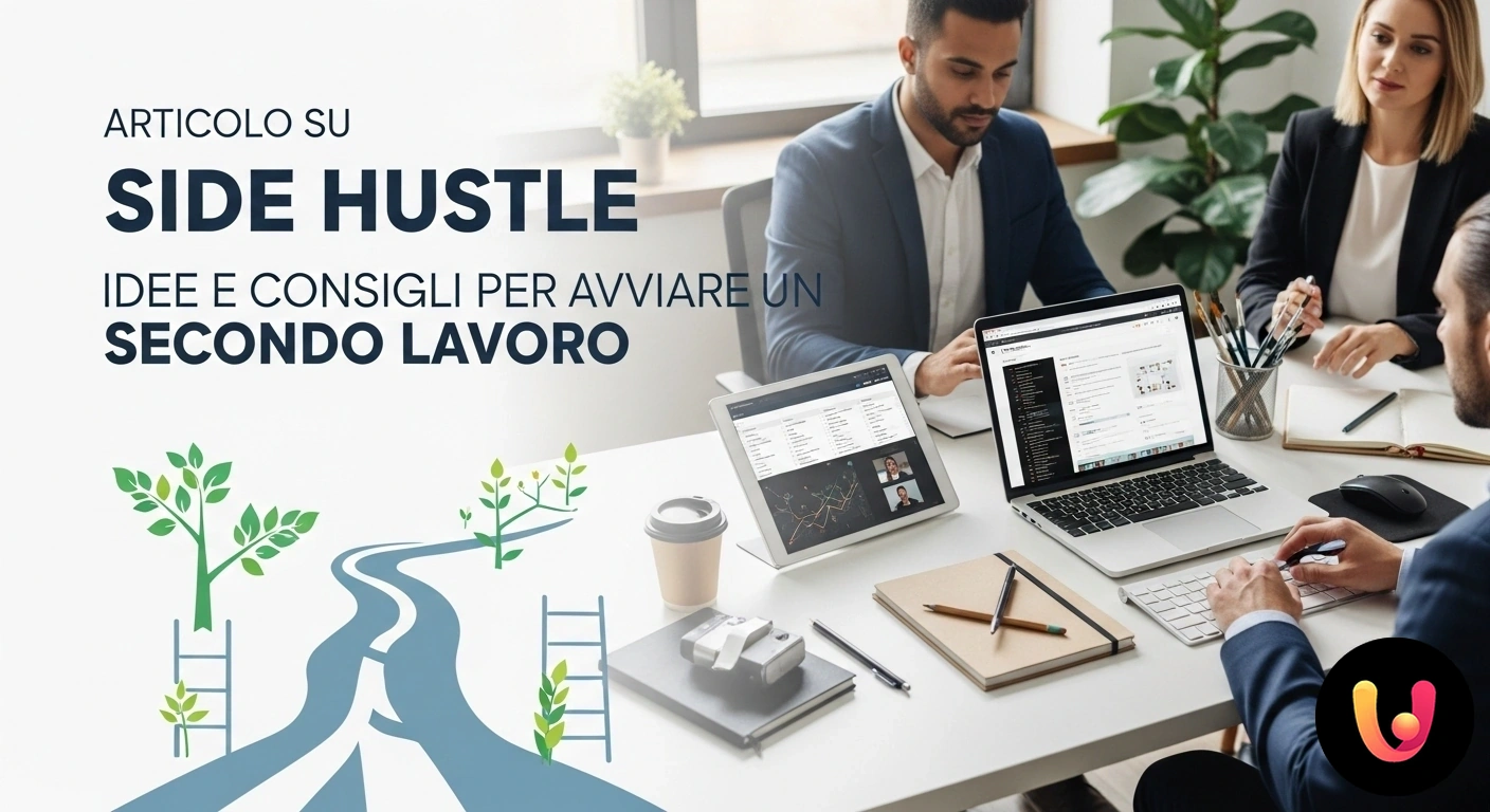 Side Hustle Idee: Avvia il tuo secondo lavoro e aumenta le entrate Professionista alla scrivania che pianifica un'attività secondaria utilizzando un computer portatile e un tablet.
